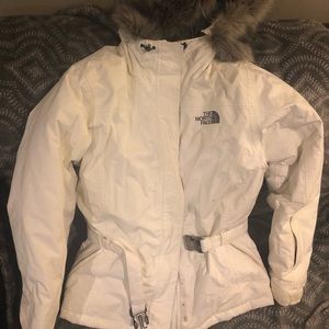 White NorthFace winter coat large w/ fur hood